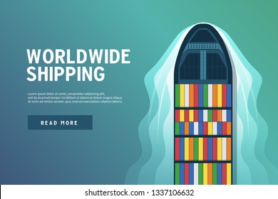 Top view of the industrial marine vessel at sea banner. Sea transportation logistic. Sea Freight. Maritime shipping. Merchant Marine. Cargo ship.