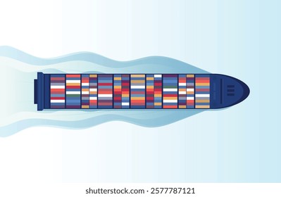 Top view of industrial marine vessel on white and blue background. Maritime transportation. Logistics of sea transportation. Maritime transportation. Merchant fleet. Cargo vessel. vector illustration.