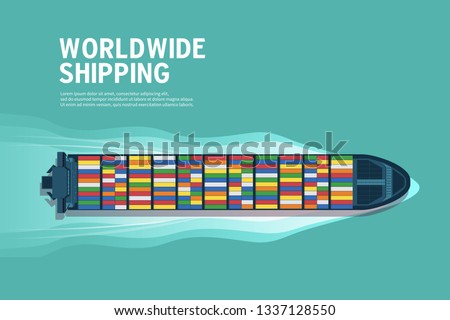 Top view of the industrial marine vessel at sea banner. Sea transportation logistic. Sea Freight. Maritime shipping. Merchant Marine. Cargo ship.