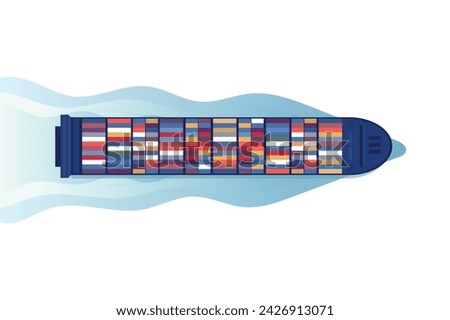 Top view of industrial marine vessel on white background. Maritime transportation. Logistics of maritime transportation.  Maritime shipping. Merchant fleet. Cargo ship. vector illustration.