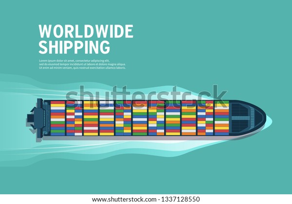 Top view of the industrial marine\
vessel at sea banner. Sea transportation logistic. Sea Freight.\
Maritime shipping. Merchant Marine. Cargo\
ship.