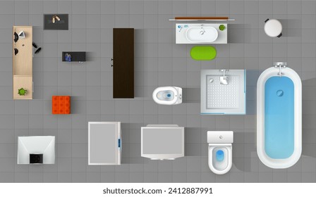 Interior o cuarto de baño con mobiliario en el suelo, baño vectorial aislado o aseo. Artículos interiores de casa o casa bañera, lavabo y ducha en WC, mesa y lavadora