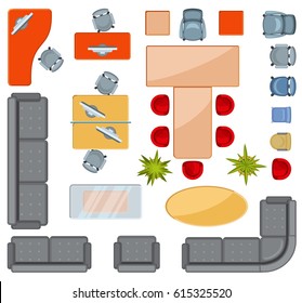 Top View Interior Furniture Icons Flat Vector Icons. Projection Architectural Floorplan Office, Illustration Of Office Drawing Interior