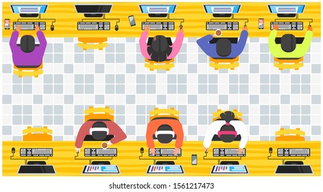 Top view of an Internet Cafe featuring young teenage boy and girl. Including table, chair and computer vector illustration and design.  
