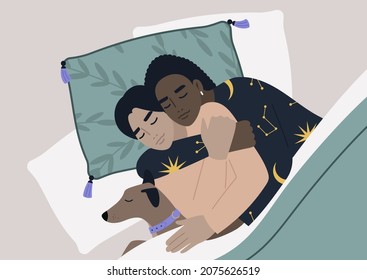 A top view of an interracial couple sleeping with their pet, a cozy home atmosphere