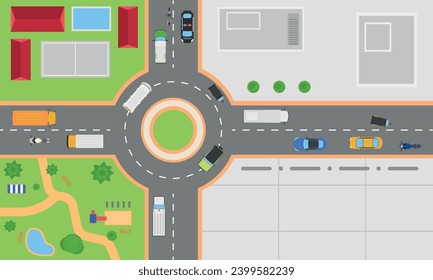 Draufsicht des Schnittverkehrs der Stadt mit Draufsicht auf Wohngebiet, Park, Bauhintergrund, Flaches Design-Illustration