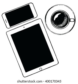 Top view ipad Tablet and smartphone hand-drawn  vector illustration.
Coffee cup  sketch. 
