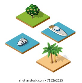 Top view of an island tour with a ship and palm trees isolated