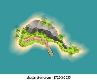 Top view island with volcano. View from a height