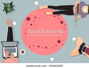 Top view isolation between person to stop spreading of respiratory virus. Social distance preventing infection concept .Vector illustration, flat design.
