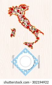 Top view of Italian pizza in shape of a map of Italy on a wooden table. Cutlery and napkin.