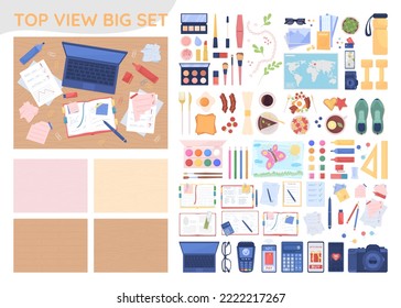 Top view items 2D vector isolated illustrations big set. Pack of flat objects with cartoon backgrounds. Colourful editable constructor for web graphic design and animation. Quicksand, Rubik fonts used