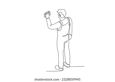 Top view of janitor wiping glass. Cleaning service one-line drawing