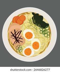 top view of Japanese ramen, topped with sliced meat, 