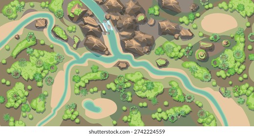Top view jungle landscape map illustration with winding river, rocks, bridge, trees, bushes, and natural terrain. Detailed tropical environment in flat vector style showing forest vegetation, greenery, and scenic river from an aerial perspective. Perfect for game maps, adventure themes, travel concepts, environmental design, and nature backgrounds. View from above