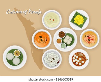 Top view of Kerala cuisine set with illustration of brown state map.