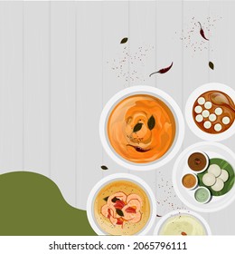 Top View Of Kerala Delicious Dishes On White Wooden Background.