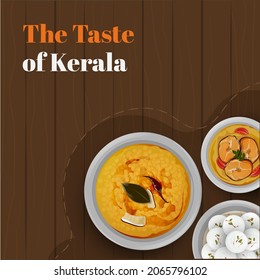 Top View Of Kerala Food Or Dishes On Brown Wooden Background.