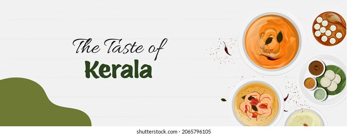 Top View Of Kerala Food Or Dishes On White And Green Background.