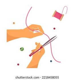 Top view of kid hands doing handmade work. Sewing, embroidering, making creative craft works flat vector illustration