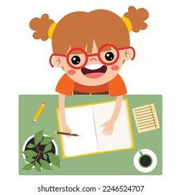 Top View Of Kid Writing On Desk