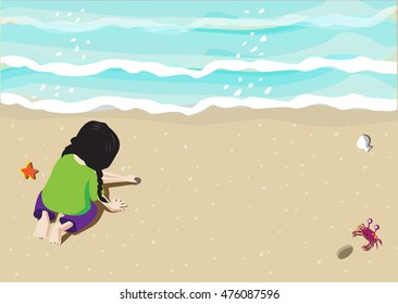 A top view of a kid writing or scribbling on a sand along a seashore. Editable Clip Art.
