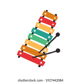 Top view of kids colorful xylophone with mallets. Toy music instrument for child. Colored flat vector illustration isolated on white background