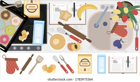 Top view of the kitchen countertop with a stove, sink, kitchen equipment, food and ready-made pastries. Flat vector illustration of the kitchen interior with a cookbook and a set of cooking attributes