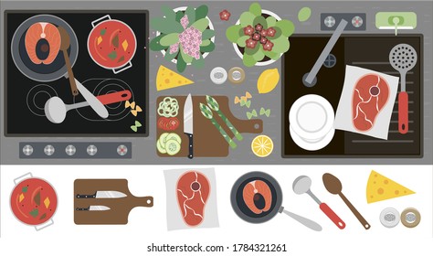 Top view of the kitchen countertop with a stove, sink, kitchen equipment, food and ready-made food for dinner. Flat vector illustration of a kitchen with a set of cooking attributes. Meat, fish