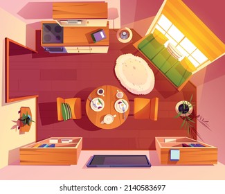 Top View Of Kitchen And Lounge In Studio Apartment Or Hotel. Vector Cartoon Illustration Of Cozy Room Interior With Table, Chairs, Stove, Tv Set, Bookcases, Plants And Bench With Pillows