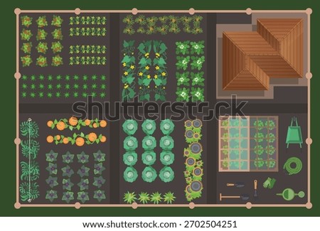 Top view of kitchen-garden with tomatoes, cucumbers, cabbage, zucchini, pumpkin, garden tools, roof. Vector illustration of kaleyard. View from above. Set of icons. Aerial
