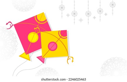 Top View Kites With Line Art Floral Oriental Hang And Copy Space On White Mandala Pattern Background.