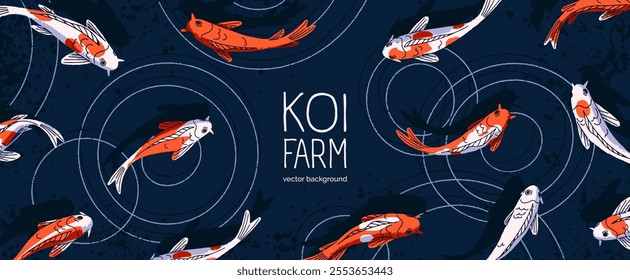 Top view of Koi in black water on web banner design. Stylish template with Oriental fishes in garden pond on background. Decorative Japanese carps swim in Asian lake. Flat vector illustration