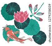 Top view of a Koi fish or Asian carp swimming in a waterlily pond with a dragonfly flying overhead. Vector illustration