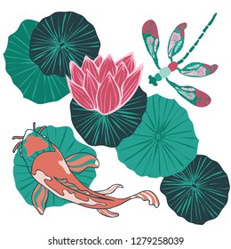 Top view of a Koi fish or Asian carp swimming in a waterlily pond with a dragonfly flying overhead. Vector illustration