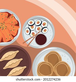 top view of korean food cartoon