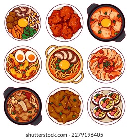 Top view korean food menu icon set. (Bibimbap, Fried Chicken, Kimchi Jjigae, Tteokbokki, Ramyeon, Kimchi, Galbitang, Bulgogi, Kimbap) Asian menu recipe illustration vector. Cute cartoon korean food