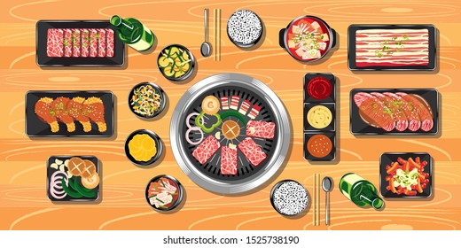 Top view of korean food on a wooden table vector Illustration, Delicious korean BBQ grill with all small side dishes set, beef and pork korean barbecue, asian food