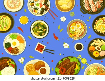 Top view korean meal. Barbecue asian or traditional buffet. Lunch soup, kimchi and bbq. Vegetarian and meat dishes, oriental food, neoteric vector background