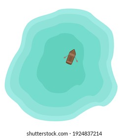 Top view of the lake. Clear water and one empty wooden boat in the middle with oars. Seascape with a lake depth from above or a large puddle. Vector illustration.