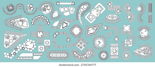 Top view landscape architecture elements set in line art style on blue background. Collection of urban park and garden design layouts featuring pathways, benches, seating areas, flower beds, trees, plazas and decorative compositions. Architectural plan symbols for landscape design, site planning and outdoor public spaces. Vector outline illustration ideal for masterplans, maps and urban design presentations. View from above. Aerial