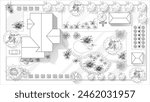 Top view landscape design plan with house, courtyard, lawn. Black and white highly detailed plan of country with modern cottage, villa with garden. Vector illustration Cityscape, Map of town, village