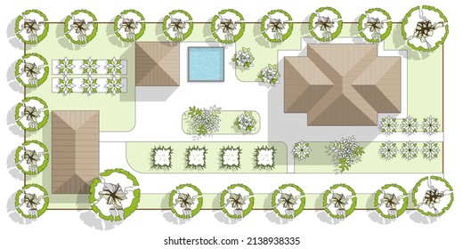 Top view landscape design plan with house, courtyard, lawn and garage. Highly detailed plan of a country Top view of a house. Vector illustration of Cityscape or Map of town, village