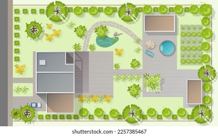 Diseño paisajístico con vista superior con casa, patio, césped, garaje. Un establecimiento muy detallado, con una moderna casa de campo con piscina. Ilustración vectorial de Cityscape, Mapa de la ciudad, pueblo