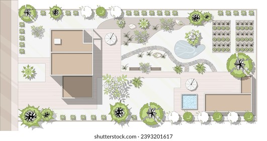 Diseño paisajístico con vista superior con casa, patio, césped, garaje. Un establecimiento muy detallado, con una moderna casa de campo con piscina. Ilustración vectorial de Cityscape, Mapa de la ciudad, pueblo