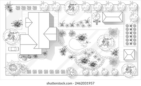 Top view landscape design plan with house, courtyard, lawn. Black and white highly detailed plan of country with modern cottage, villa with garden. Vector illustration Cityscape, Map of town, village