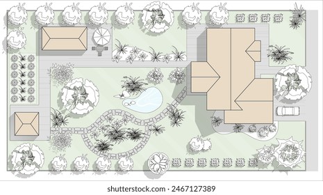 Top view landscape design plan with house, courtyard, lawn, garage. Highly detailed plan of country with modern cottage of villa with pond, pool. Vector illustration of Cityscape, Map of town, village