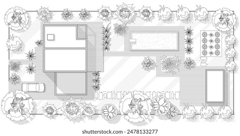 Vista superior Plan de diseño paisajístico con casa, patio, césped y garaje. Plan muy detallado de un país Vista superior de una casa. Ilustración vectorial de paisaje urbano o mapa de la ciudad, pueblo