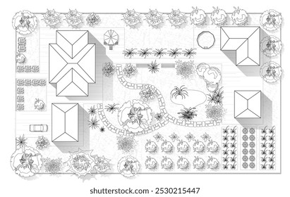 Vista superior paisagem projeto plano com casa, pátio, gramado. Preto e branco altamente detalhado plano de país com casa de campo moderna, villa com jardim. Ilustração vetorial Cityscape, Mapa da cidade, aldeia