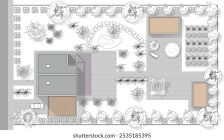 Top view landscape design plan with house, courtyard, lawn, garage. Highly detailed plan of country with modern cottage of villa with pond, pool. Vector illustration of Cityscape, Map of town, village